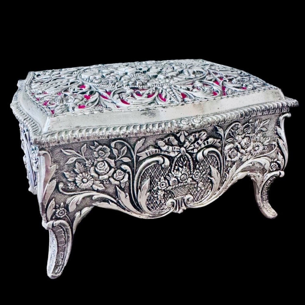 Vintage Hinged Floral Footed Jewelry Trinket Box Silver Toned Red Velvet Japan